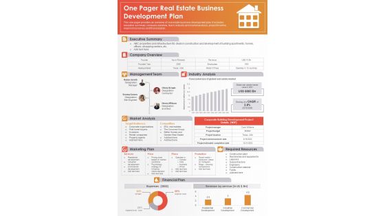 One Pager Real Estate Business Development Plan Presentation Report Infographic PPT PDF Document