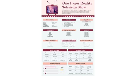 One Pager Reality Television Show Presentation Report Infographic PPT PDF Document