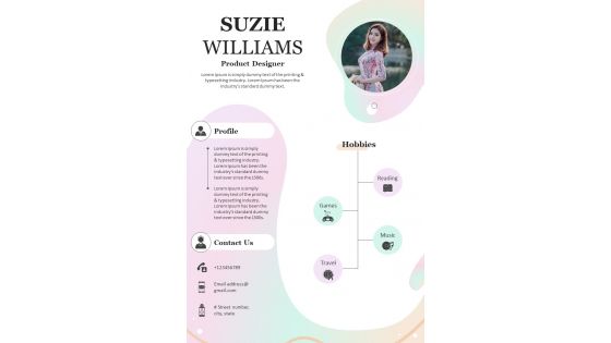 One Pager Resume For Professional Product Designer Presentation Report Infographic Ppt Pdf Document