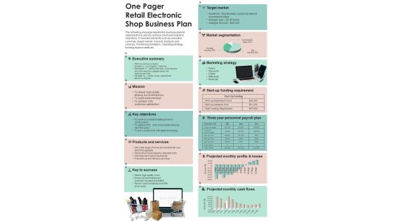 One Pager Retail Electronic Shop Business Plan Presentation Report Infographic PPT PDF Document
