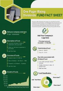 One pager rising dividends fund fact sheet presentation report infographic ppt pdf document