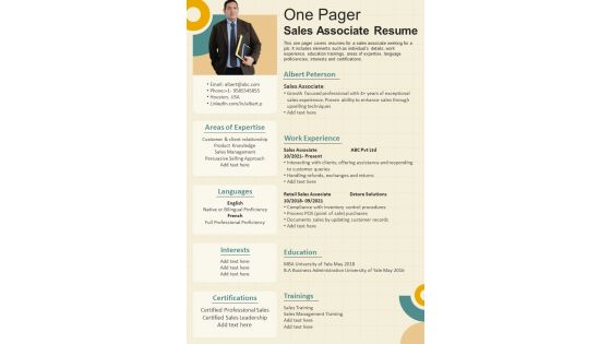 One Pager Sales Associate Resume Presentation Report Infographic Ppt Pdf Document