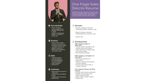 One Pager Sales Director Resume Presentation Report Infographic PPT PDF Document