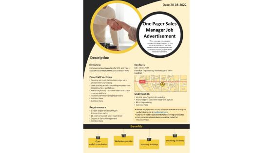 One Pager Sales Manager Job Advertisement Presentation Report Infographic PPT PDF Document