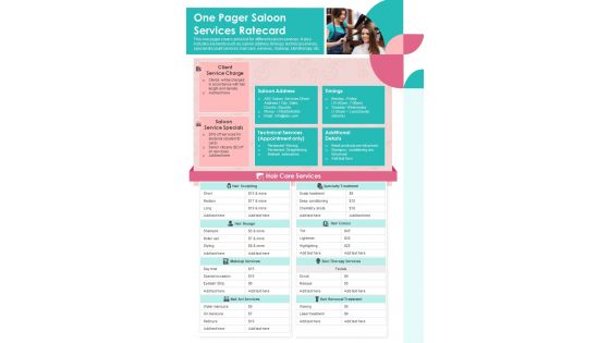 One Pager Saloon Services Ratecard Presentation Report Infographic PPT PDF Document