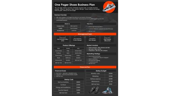 One Pager Shoes Business Plan Presentation Report Infographic Ppt Pdf Document
