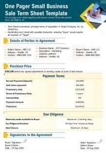 One pager small business sale term sheet template presentation report infographic ppt pdf document