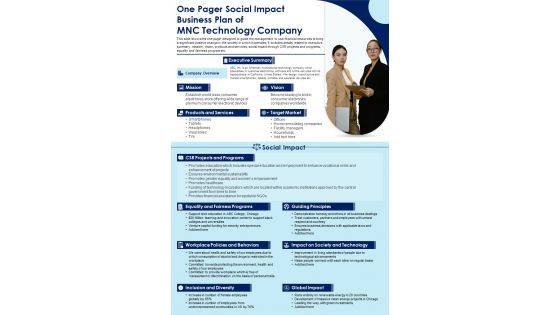 One Pager Social Impact Business Plan Of MNC Technology Company Presentation Report Infographic Ppt Pdf Document