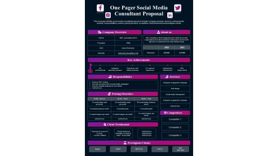 One Pager Social Media Consultant Proposal Presentation Report Infographic Ppt Pdf Document