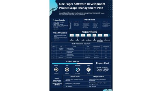 One Pager Software Development Project Scope Management Plan Presentation Infographic Ppt Pdf Document