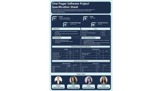 One Pager Software Project Specification Sheet Presentation Report Infographic Ppt Pdf Document