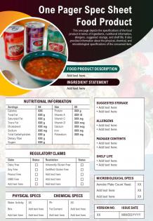 One pager spec sheet food product presentation report infographic ppt pdf document
