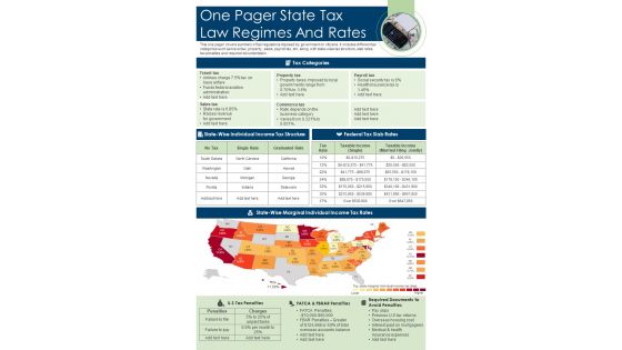 One Pager State Tax Law Regimes And Rates Presentation Report Infographic PPT PDF Document