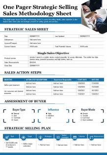 One pager strategic selling sales methodology sheet report ppt pdf document