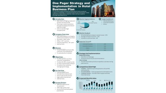 One Pager Strategy And Implementation In Hotel Business Plan Presentation Infographic PPT PDF Document