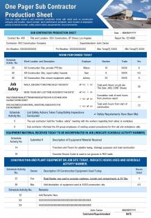 One pager sub contractor production sheet presentation report infographic ppt pdf document