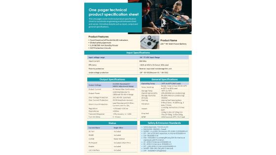 One Pager Technical Product Specification Sheet Presentation Report Infographic Ppt Pdf Document