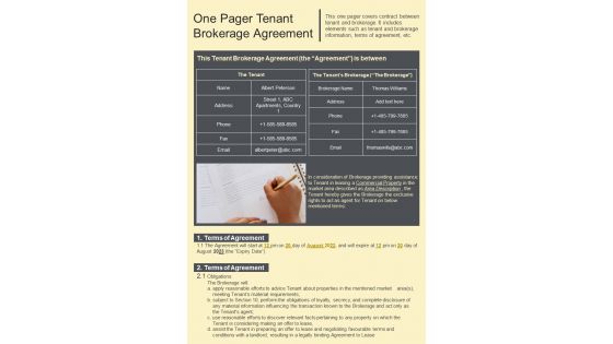 One Pager Tenant Brokerage Agreement Presentation Report Infographic PPT PDF Document