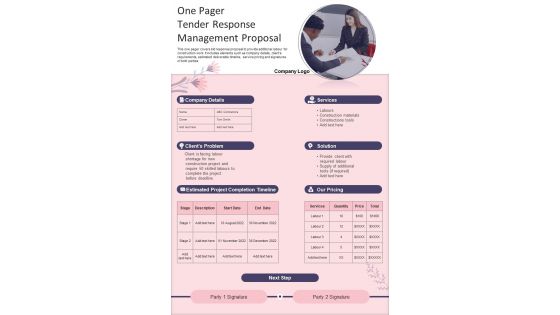 One Pager Tender Response Management Proposal Presentation Report Infographic PPT PDF Document