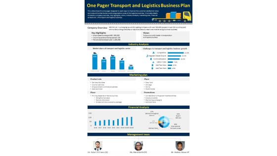 One Pager Transport And Logistics Business Plan Presentation Report Infographic PPT PDF Document