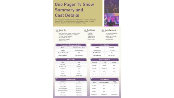 One Pager Tv Show Summary And Cast Details Presentation Report Infographic PPT PDF Document