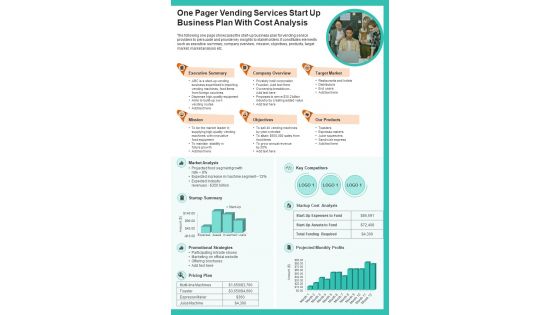 One Pager Vending Services Start Up Business Plan With Cost Analysis Presentation Infographic PPT PDF Document