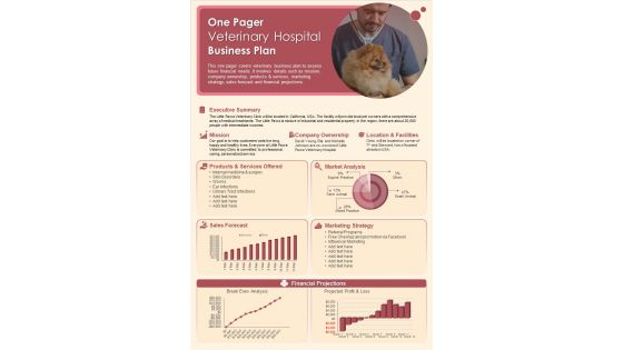One Pager Veterinary Hospital Business Plan Presentation Report Infographic PPT PDF Document