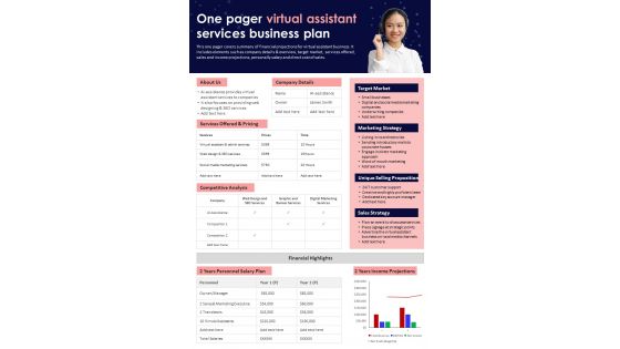 One Pager Virtual Assistant Services Business Plan Presentation Report Infographic PPT PDF Document