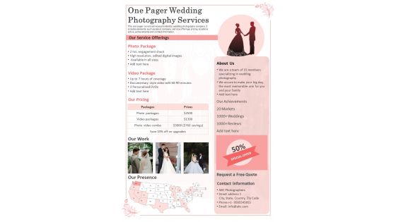 One Pager Wedding Photography Services Presentation Report Infographic PPT PDF Document
