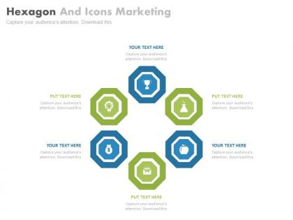 One six staged hexagons and icons marketing strategy flat powerpoint design