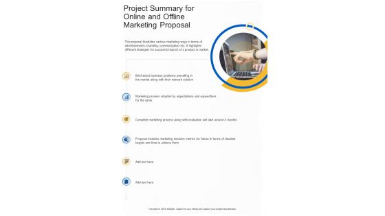 Online And Offline Marketing Proposal Project Summary One Pager Sample Example Document