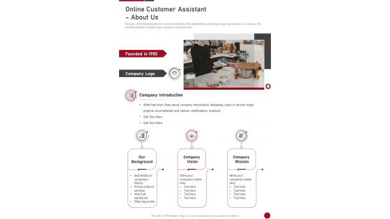 Online Customer Assistant About Us One Pager Sample Example Document