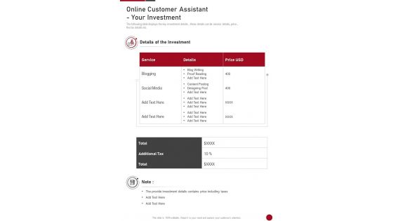 Online Customer Assistant Your Investment One Pager Sample Example Document