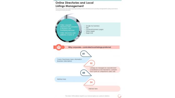 Online Directories And Local Listings Management One Pager Sample Example Document