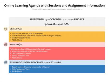 Online learning agenda with sessions and assignment information
