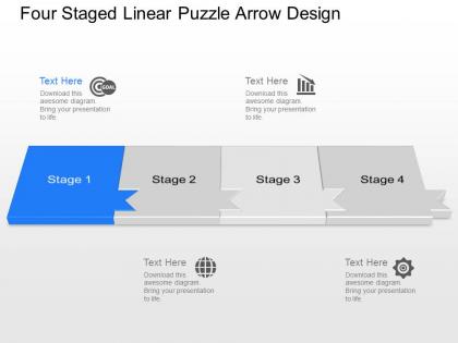 Oo four staged linear puzzle arrow design powerpoint template slide