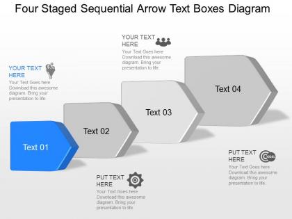 Oo four staged sequential arrow text boxes diagram powerpoint template