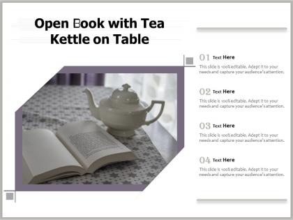 Open book with tea kettle on table