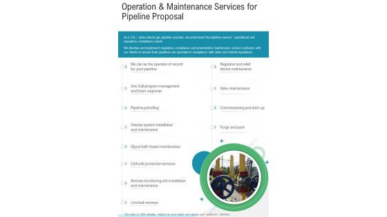 Operation And Maintenance Services For Pipeline Proposal One Pager Sample Example Document