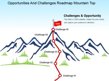 Opportunities and challenges roadmap mountain top powerpoint slide images