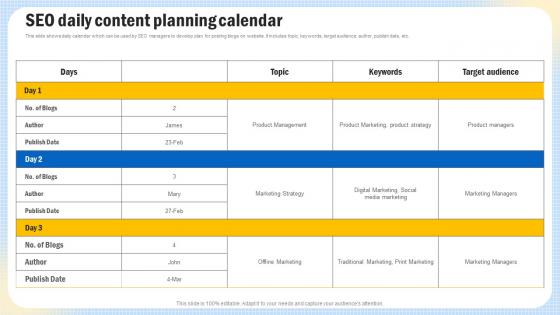 Optimizing Search Engine Content SEO Daily Content Planning Calendar Strategy SS V