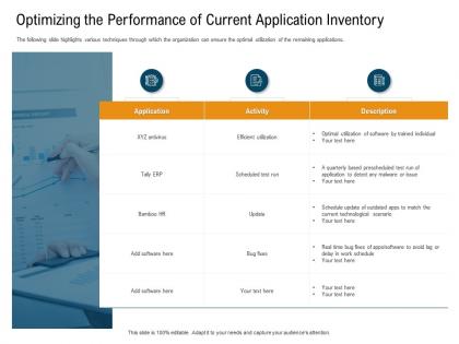 Optimizing the performance of current application inventory bug fixes ppt icons
