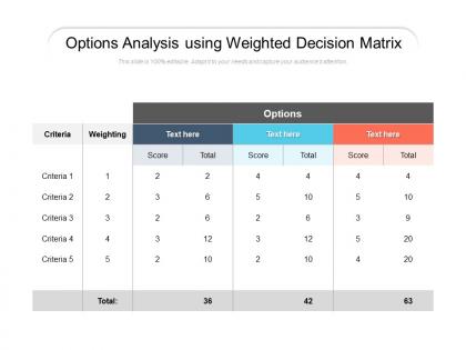 Options analysis using weighted decision matrix