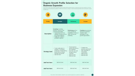 Organic Growth Profile Selection For Business Expansion One Pager Sample Example Document