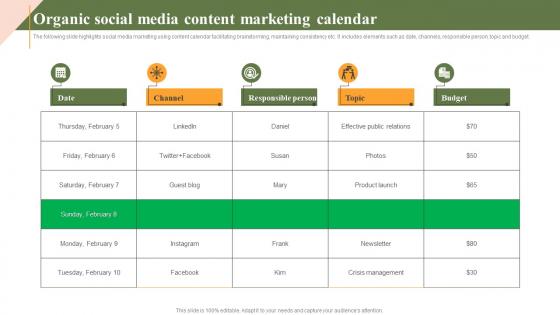 Organic Social Media Content Marketing Calendar