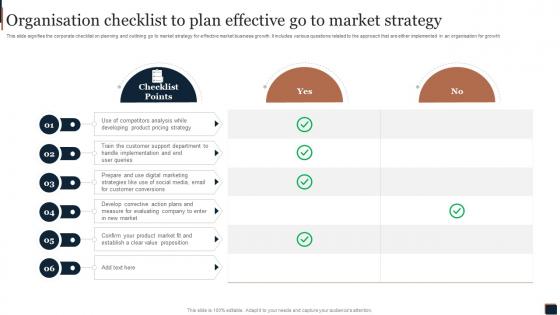 Organisation Checklist To Plan Effective Go To Market Strategy