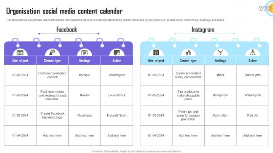 Organisation Social Media Content Calendar