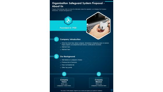Organizaiton Safeguard System Proposal About Us One Pager Sample Example Document
