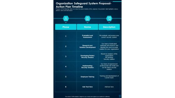 Organizaiton Safeguard System Proposal Action Plan Timeline One Pager Sample Example Document