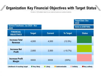 Organization key financial objectives with target status